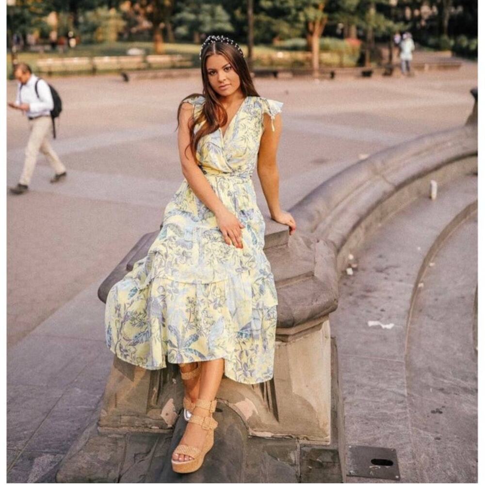 Banjanan Mercy Tiered Wrap Midi Dress Yellow Lisbon Garden Sunshine Size Medium